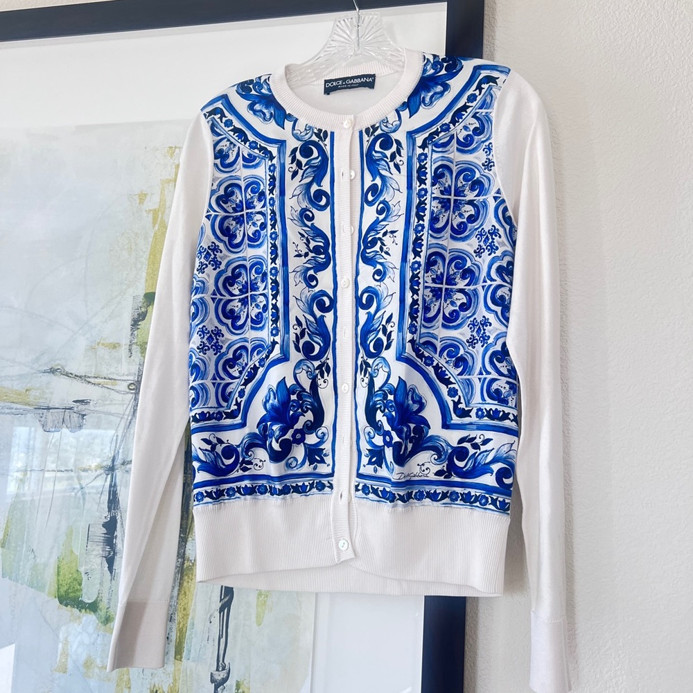Dolce & Gabbana 100% Silk Cardigan (White w/ Blue Floral Print)
